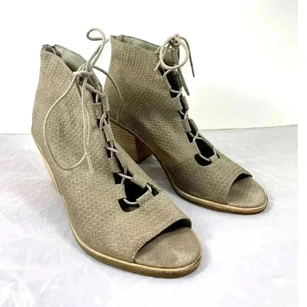 Eileen Fisher Beige Lace‎ Up Peep Open Toe Bootie Women Sz 8